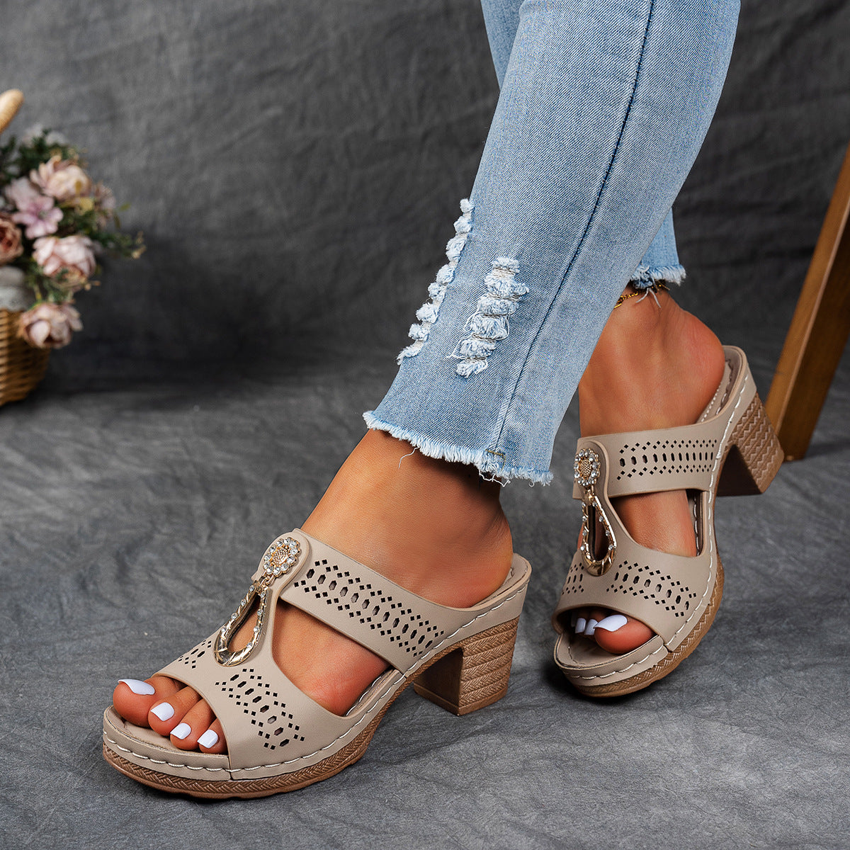 Orthopedic Sandals with Rhinestone Heel